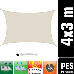 AMANKA 3 x 4 Wasserdichtes Sonnensegel mit Befestigung - Beige