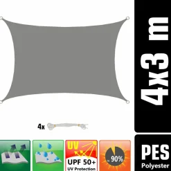 AMANKA 3 x 4 Wasserdichtes Sonnensegel mit Befestigung - Grey