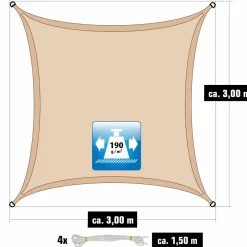 AMANKA 3x3 Wasserdichtes Beige Sonnensegel mit Befestigung