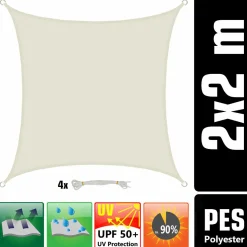 AMANKA 2x2 Wasserdichtes Beige Sonnensegel mit Befestigung