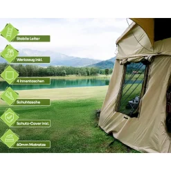 OutdoorU Family 4 Personen Dachzelt mit Vorzelt und Leiter