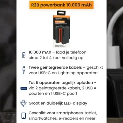R2B 10000 mAh Powerbank mit integrierten Kabeln