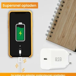R2B 1 Meter weißes USB-C Kabel mit USB-C Ladegerät