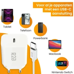 R2B 1 Meter weißes USB-C Kabel mit USB-C Ladegerät